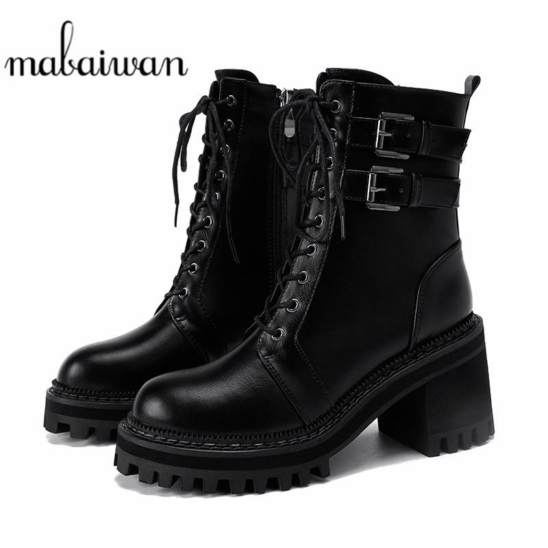 

Mabaiwan 2021 Fashion Black Ankle Boots For Women Lace Up Boots Platform Square High Heel Shoes Winter Motorcycle