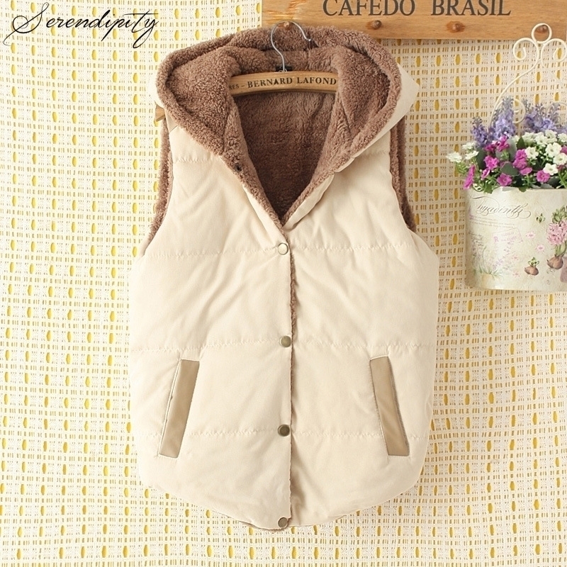 

Fur Cotton Hooded Warm Vest for Women Sleeveless Sweet Button Winter Vest Female Casual Short Tops Jott Waistcoat Coats Jackets 201111, Orange