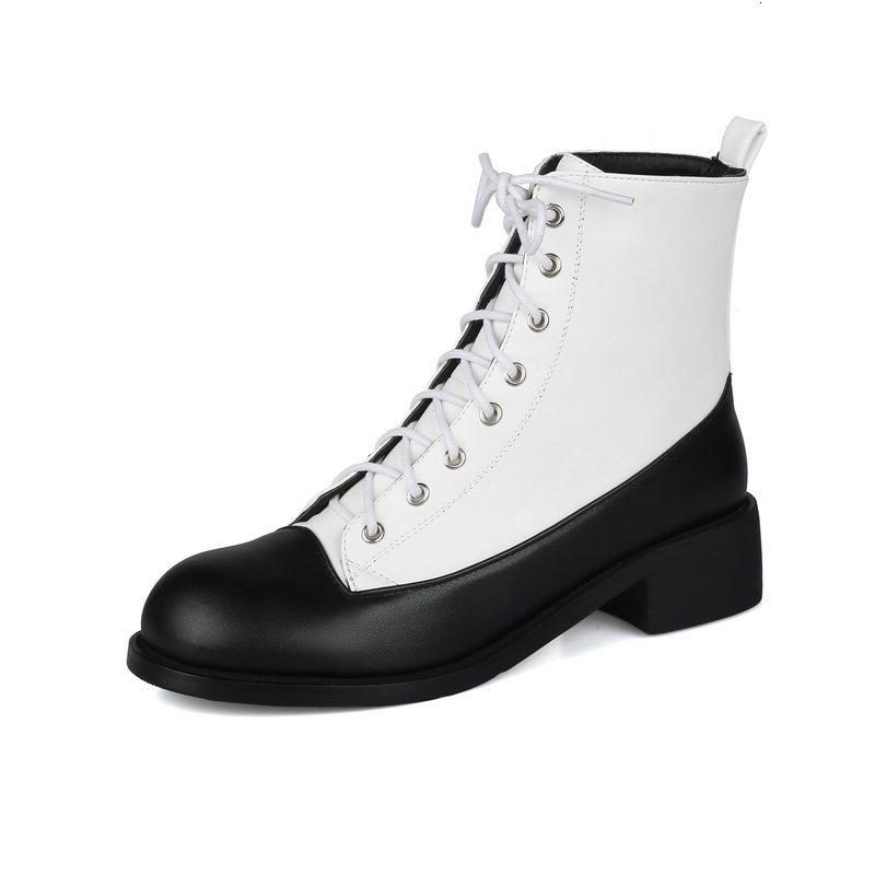 

2021 New Square Heel Autumn Winter Ankle Boots Pu Leather Round Toe Women Casual Lace Up Ladies Shoes Size 34-43 8ctq, Black