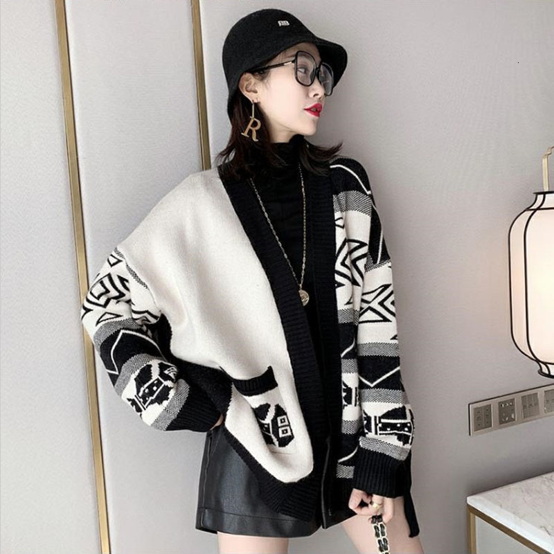 

2021 New Female Autumn Cardigans Mid-length Sweaters v Neck Matching Loose Mesh Woman Winter Jacket Tops R463 Lt80, Black