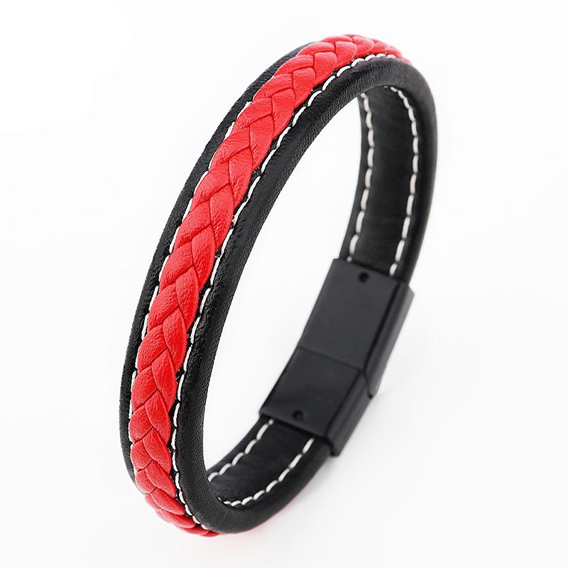 

Braided leather bracelet for men, stainless steel bracelet with magnetic clasp, red and blue color