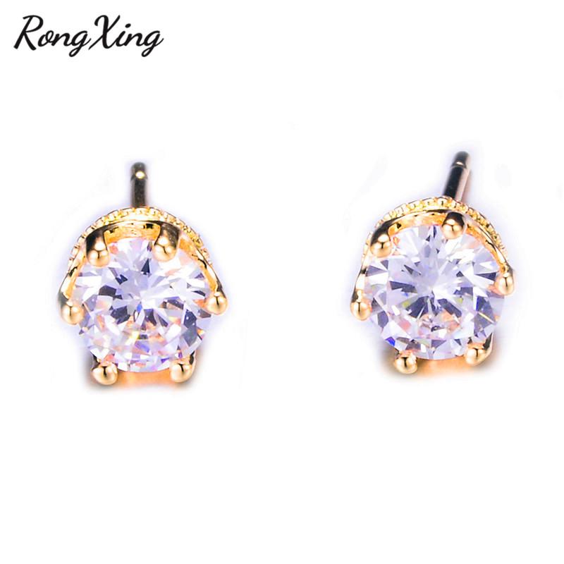

RongXing Vintage Gold Color/Rose Gold Filled Round Stud Earrings White Zirconia April Birthstone Earrings Gifts Ear0820
