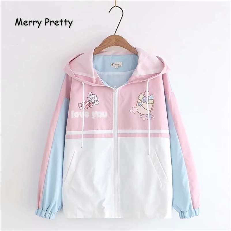 

Merry Pretty Women Cartoon Print Contrast color Basic Jacket Winter Long Sleeve Hooded Jacket Casual Zippers Outerwear Coat 201112, Blue wait 10 days