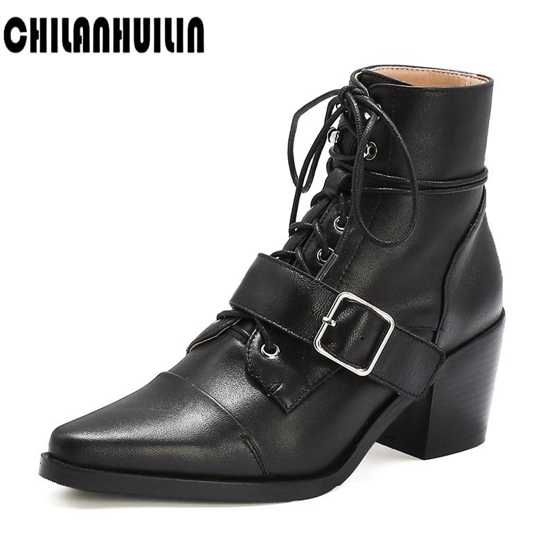 

punk buckle autumn boots casual women cowboy boots fashion genuine leather ankle thick high heel botas mujer, Black