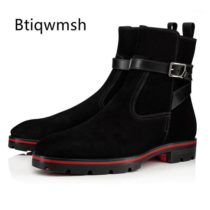 

Black Cow Suede Leather Boots Man Pointed Toe Cross Belt Low Heel Boots For Men Ankle1