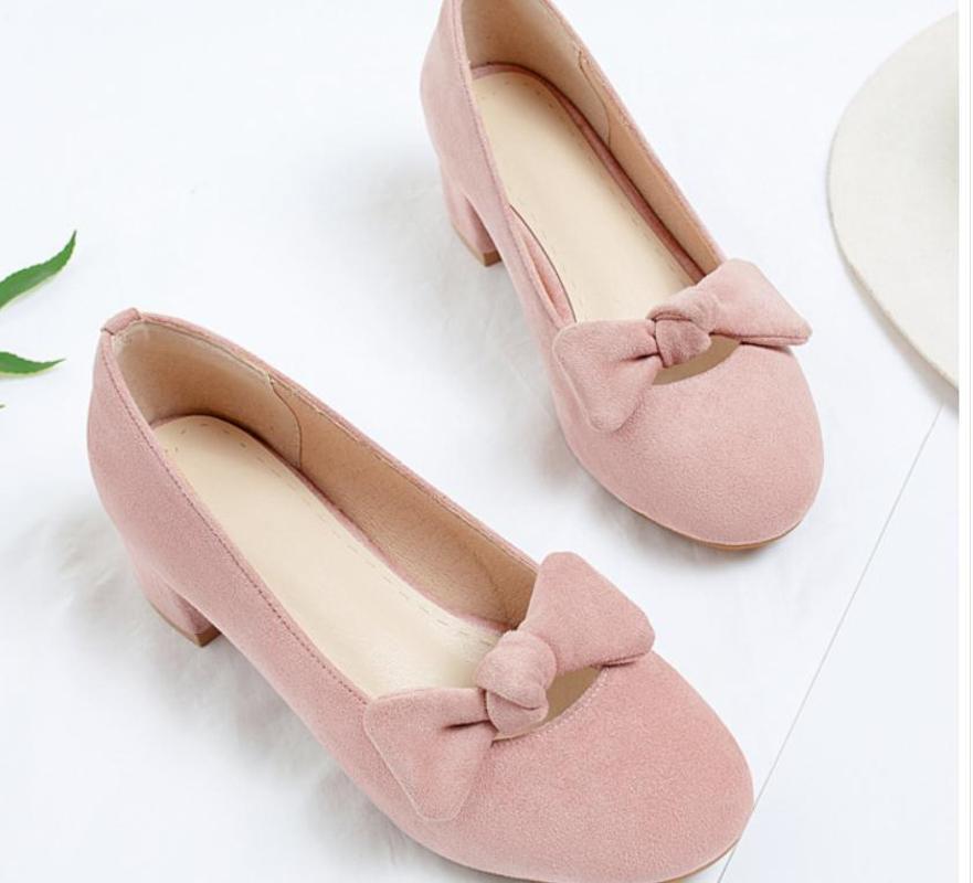 

2020 Spring and Autumn with New style fashion Middle heel Coarse heel round head bowknot Suede Women's shoes1, Beige