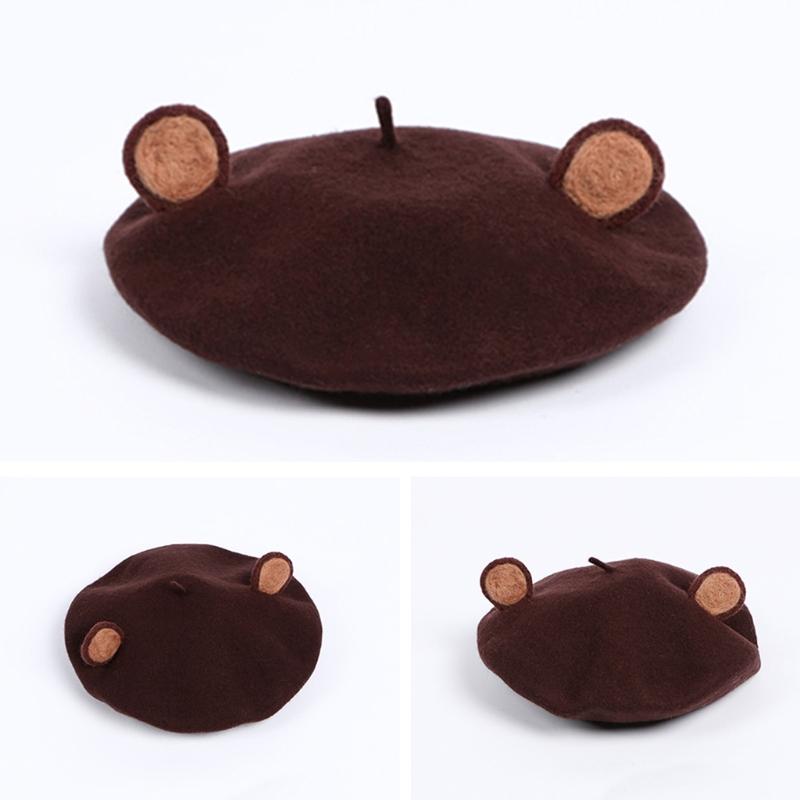 

Women Winter Autumn Faux Wool Beret Hat Cute 3D Brown Bear Ears Animal Vintage Artist Painter Beanies Pumpkin Cap