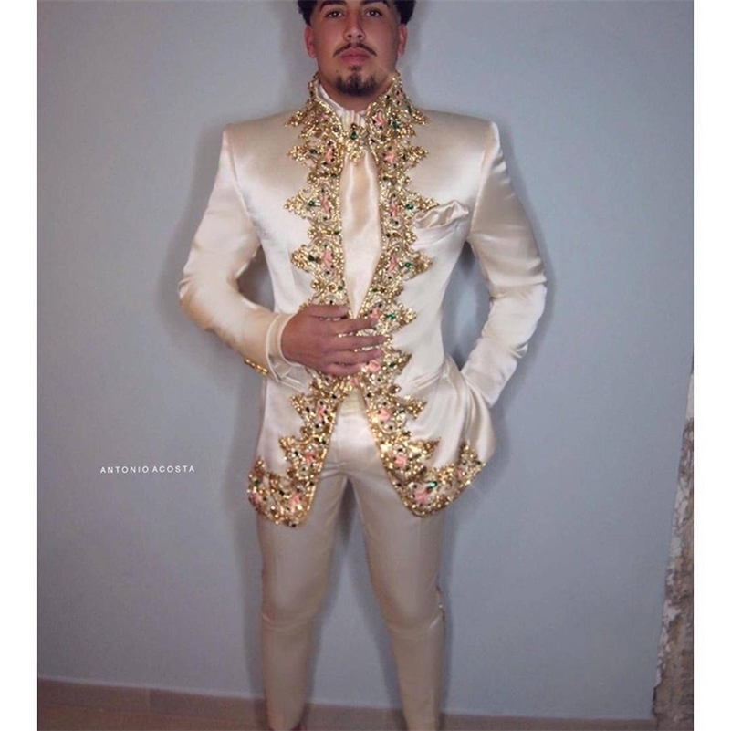 

Men Suit Two Piece (Jacket+Pants+Belt) Italian Stand Collar Slim Fit Wedding Suit for Men Custom Made Embroidery Suit 201106, Dark grey