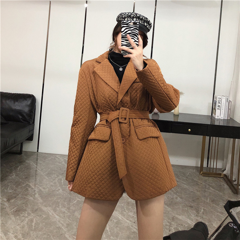 

2021 New Korean Style Women Oversized Winter Jacket Mid-length Chic Belt Thin Cotton Ladies'coat Elegant Single Autumn Parkas O0V7, White