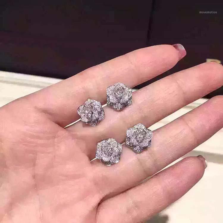

Zircon Solid 925 Sterling Silver Rose Camellia Flower Stud Earring Women Wedding Party Classical Flower Cuff Earring Jewelry1