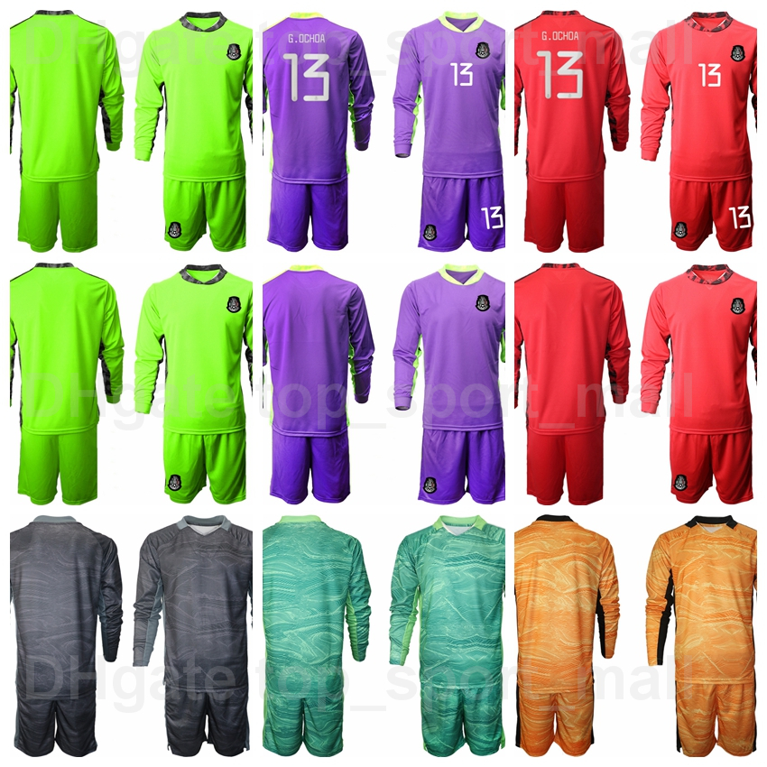 

Men Mexico Goalkeeper Soccer 1 CORONA Long Sleeve Jersey Goalie GK Set 13 Guillermo Ochoa 10 BLANCO Jorge Campo Football Shirt Kits Uniform Custom Name Number, Purple