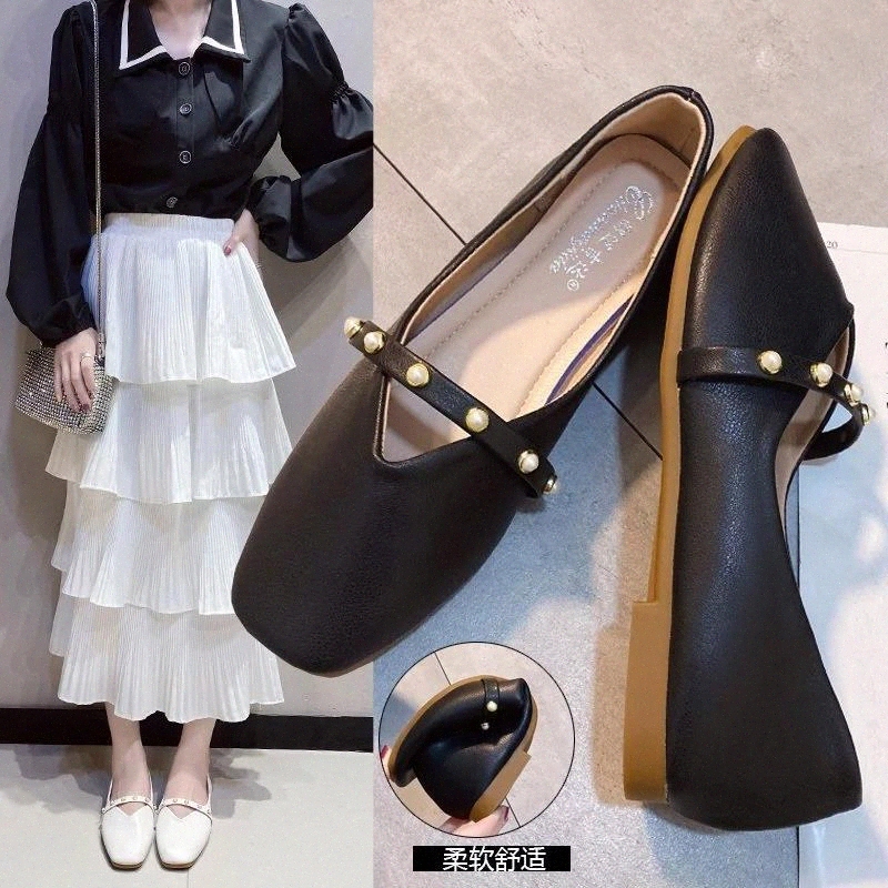 

Women Flats Pearl Mary Janes Shoes Square Toe Slip on Flat Shoes Woman Girls Bead Princess Black White Spring Autumn 8513N #dP3M