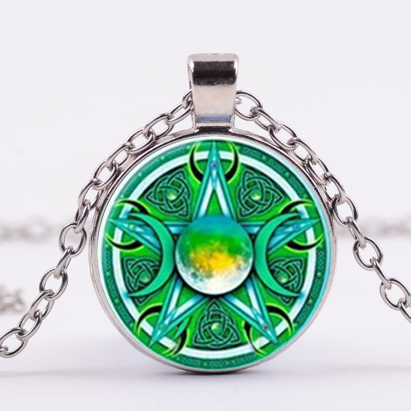 

Purple Triple Moon Goddess Necklace Supernatural Pentagram Wicca Protection Glass Pendants Magic Necklaces for Men Women
