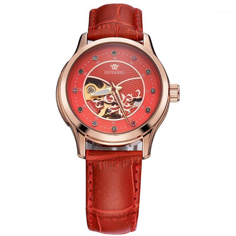 

Wristwatches Women Mechanical Automatic Self-Wind Watch Ladies Leather Strap Watches Fashion Skeleton Wristwatch OYW1708L1, Gold