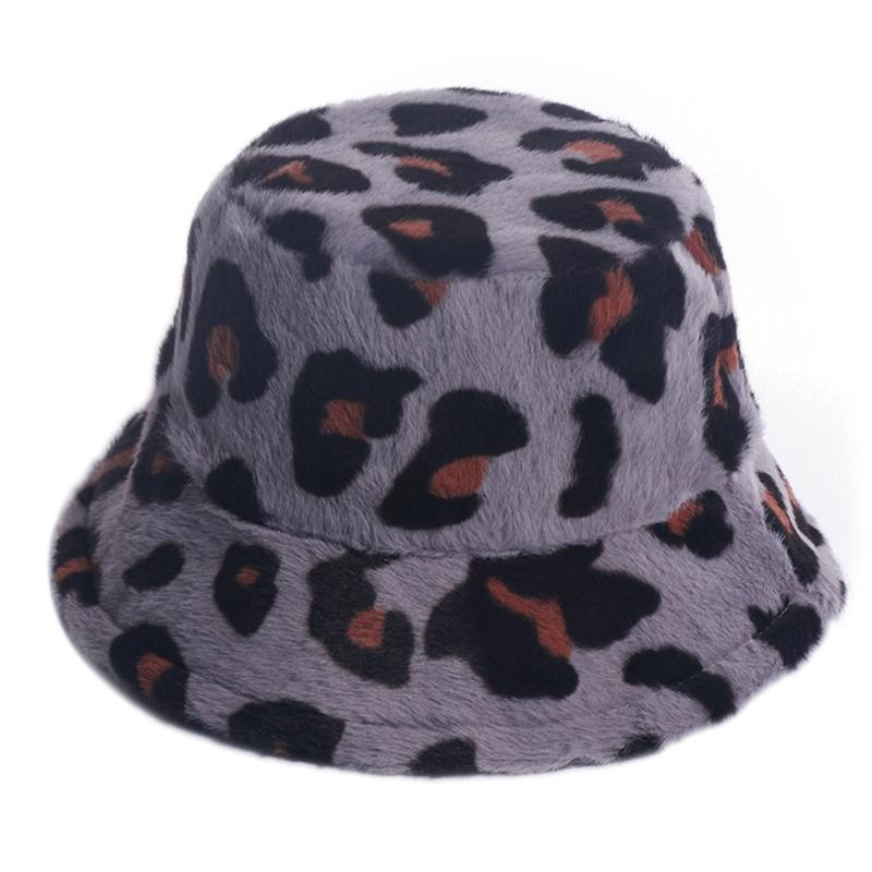 

Women Thicken Fuzzy Plush Bucket Hat Vintage Leopard Sunscreen Fisherman Cap, White