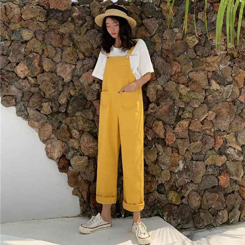 

plus size korean big pocket loose overalls streetwear femme rompers women suspenders black yellow wide leg jumpsuit women kz135, Black;white