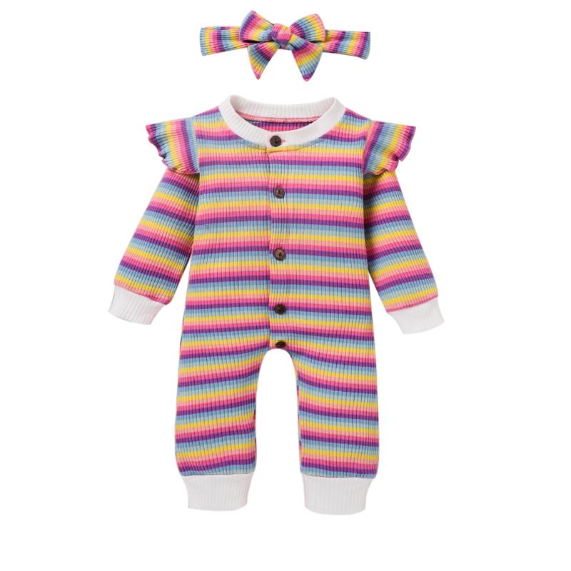 

Toddler Baby Girl Boy Outfits Autumn Clothes Rainbow Striped Romper Ruffles Long Sleeve Ribbed Jumpsuit Headband Sets 0-24M