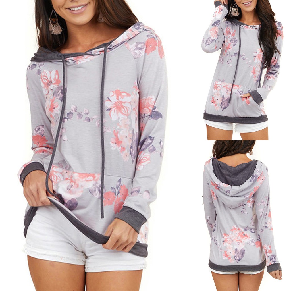 

2020 Sweatshirt Women Autumn And Winter Floral Print Long Sleeve Pocket Sweatshirt Drawstring Hoodie Blousestops, Gray