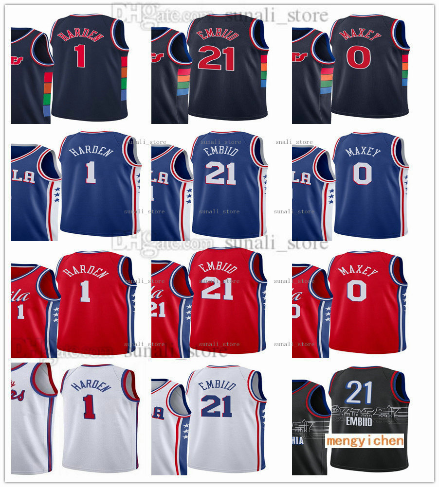 

75th Diamond Anniversary Basketball City 1 James Harden Jersey Joel 21 Embiid Tyrese 0 Maxey Navy Blue White Red Edition Men Women Kids, Black