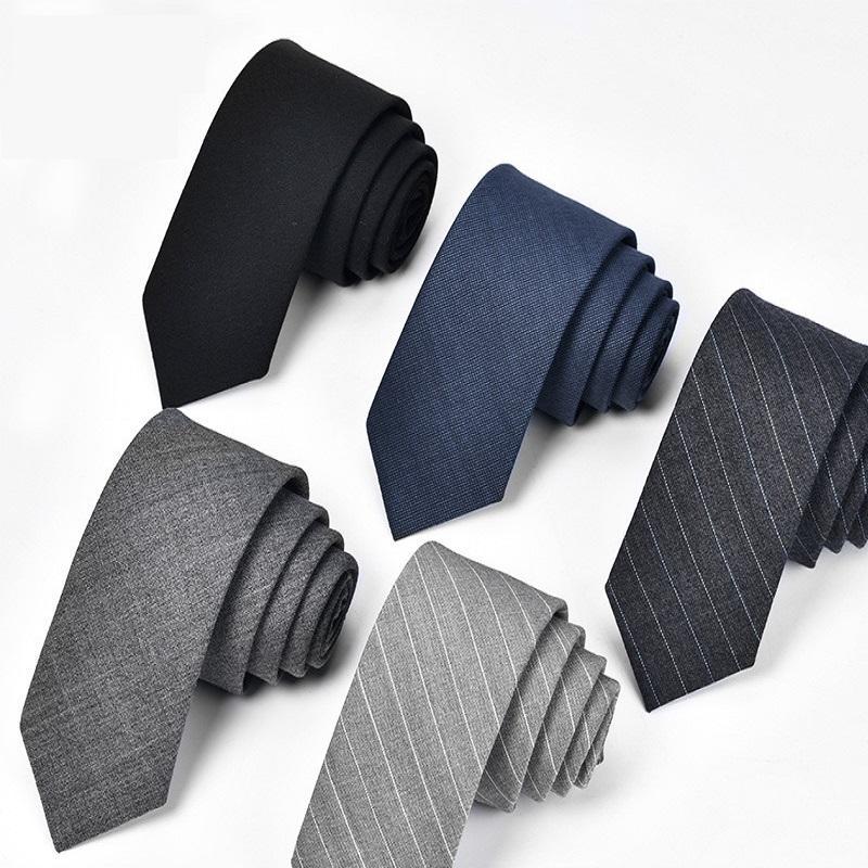 

2020 Designer New Fashion 5.5cm Slim Ties for Men Simple Solid Black Grey Wool Fabric Neckties Casual Accessories with Gift Box1