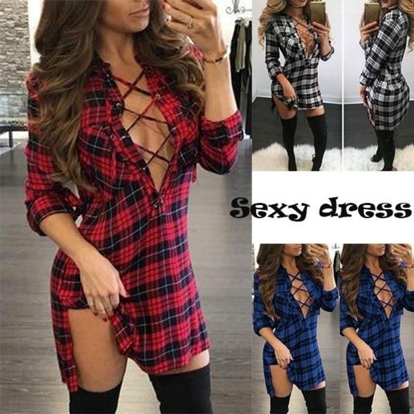 

Women's Fashion Long Sleeves Plaid Dress Sexy Deep V Skirts Casual Slim Blouses Package Hip Dresses, Black