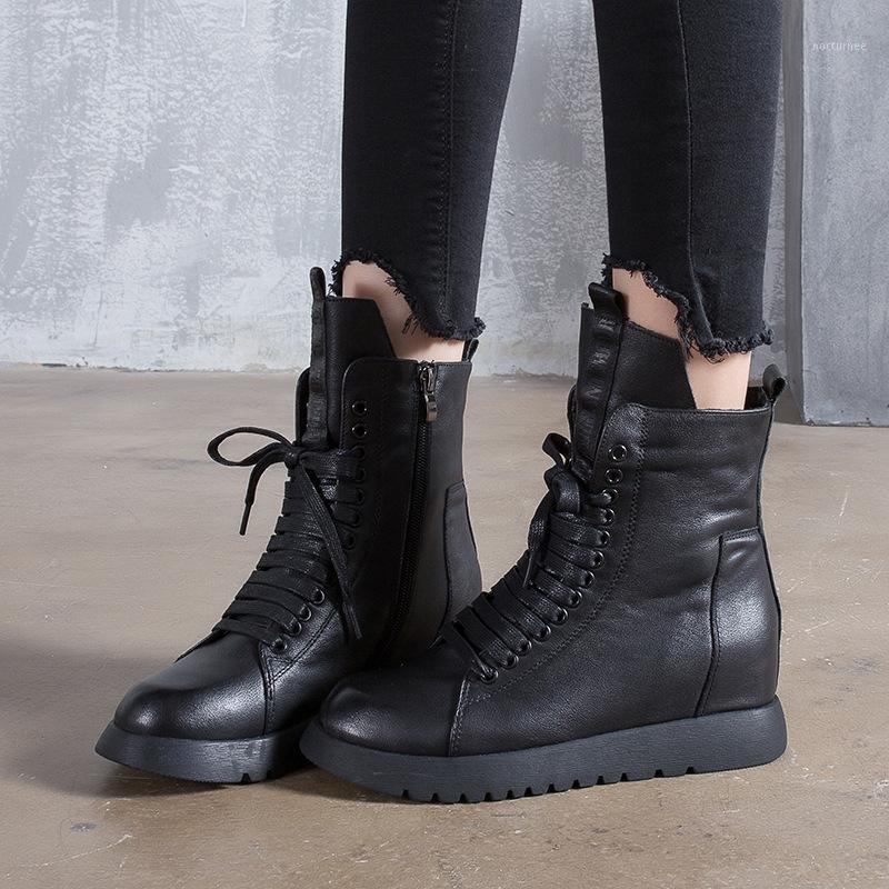 

SWYIVY Genuine Leather Ankle Boots Women Winter Fur Shoes Hided Wedges 2020 New Black Fur Snow Boots Chunky Heel Casual Shoes1