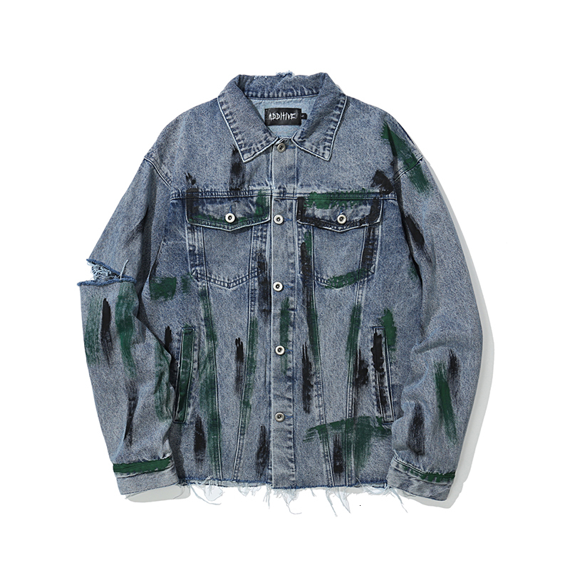 

2021 New Sleeve Hole Painted Streetwear Jeans Jackets Mens Autumn Oversize Washed Harajuku Denim Coat Hip Hop Lapel Letter Casual Top W3p8, Blue