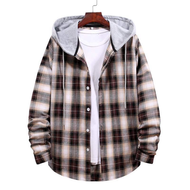 

2021 Casual Brand With Hooded Plaid Shirt Men Shirts Long Sleeves New Spring and Autumn Plus The European Size, Coffee and whitehc06