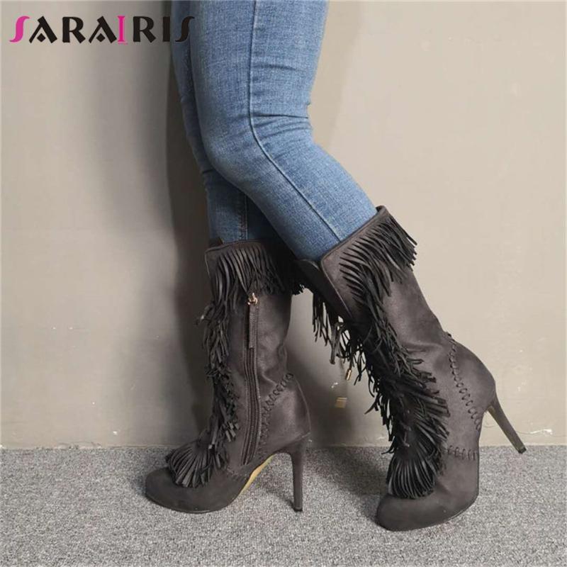 

Brand Design Big Size 47 Sexy Fringes Women Shoes Female Boots Woman Prom Party Thin High Heels Lady Shoes Woman Boots, Gray