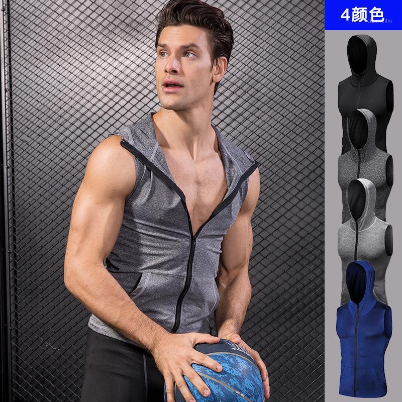 

2020 Men' Hooded Running Basketball Jacket Sleeveless Sweatshirt Hoody Tops Gyms Sport Vest Running Tops1, Black
