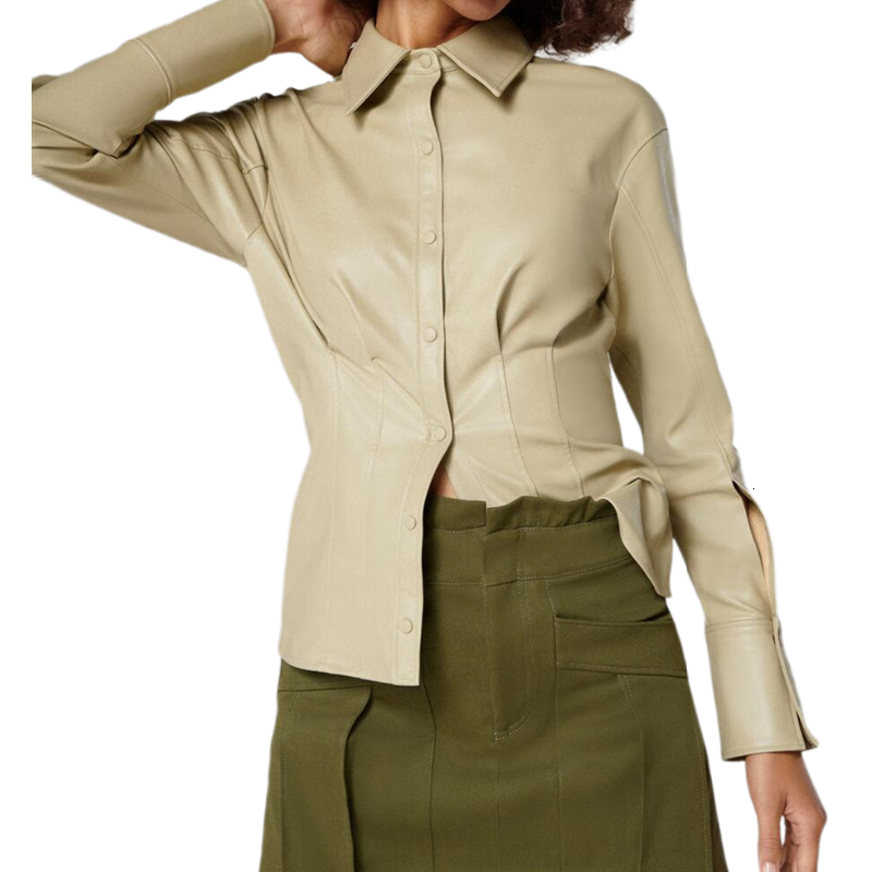 

2021 New Autumn Spring Pu Faux Leather Shirt Blouse Women Casual Buttons Black Shirts Female Long Sleeve Tops Blusas Yot5, Green