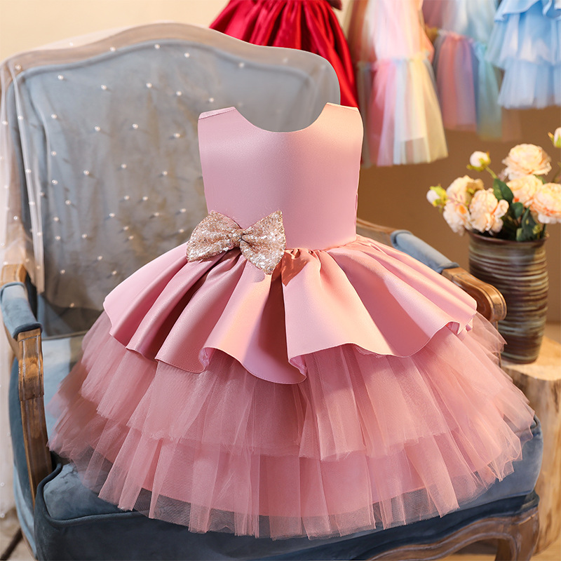 

INS Girls V-Collar Party Cake Dresses Baby Princess Evenging Dress Kids Wedding Dress Children Ball Gown FMF 011, Pink