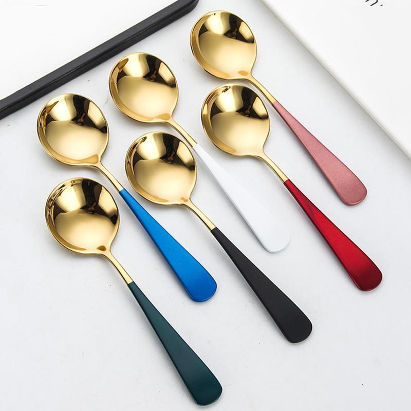 

6 Colors Stainless Steel Spoon 1 Pcs Gold Color Spoon For Ice Cream Dinner Tableware Round Dessert Coffee Spoons1