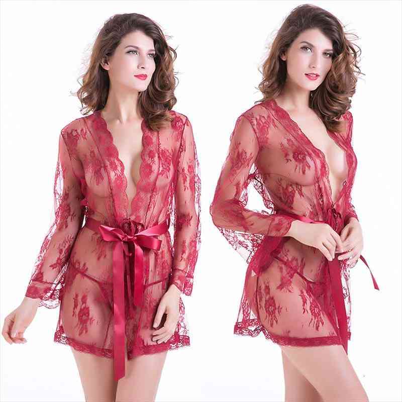 

Sexy Lace Robes For Womens Mini Nightgowns See Though Bathrobe Plus Size Bridesmaid Robes Lingerie Porno Sleepwear Underwear, Black;red