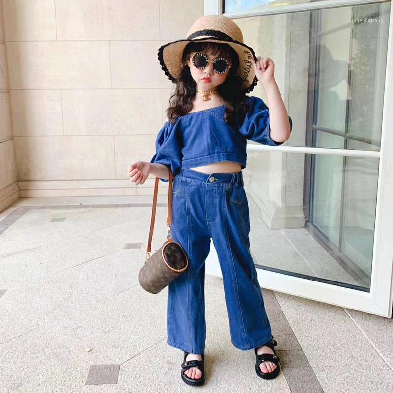

Summer girls 2 pcs set baby crop blouse + jeans kids denim suits children streetwear 2 side wearable puff sleeve 3 to 12 yrs1, Blue
