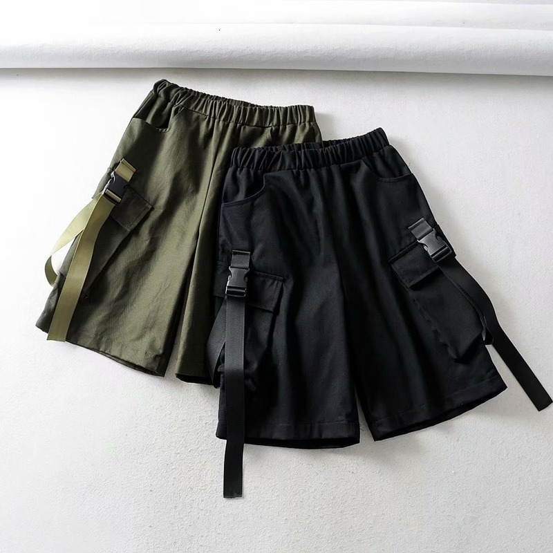 

2021 New American hip-hop work done with female shorts streetwear cotton at height of the casual elastic knee buckle retro high waist H1S4, Black.