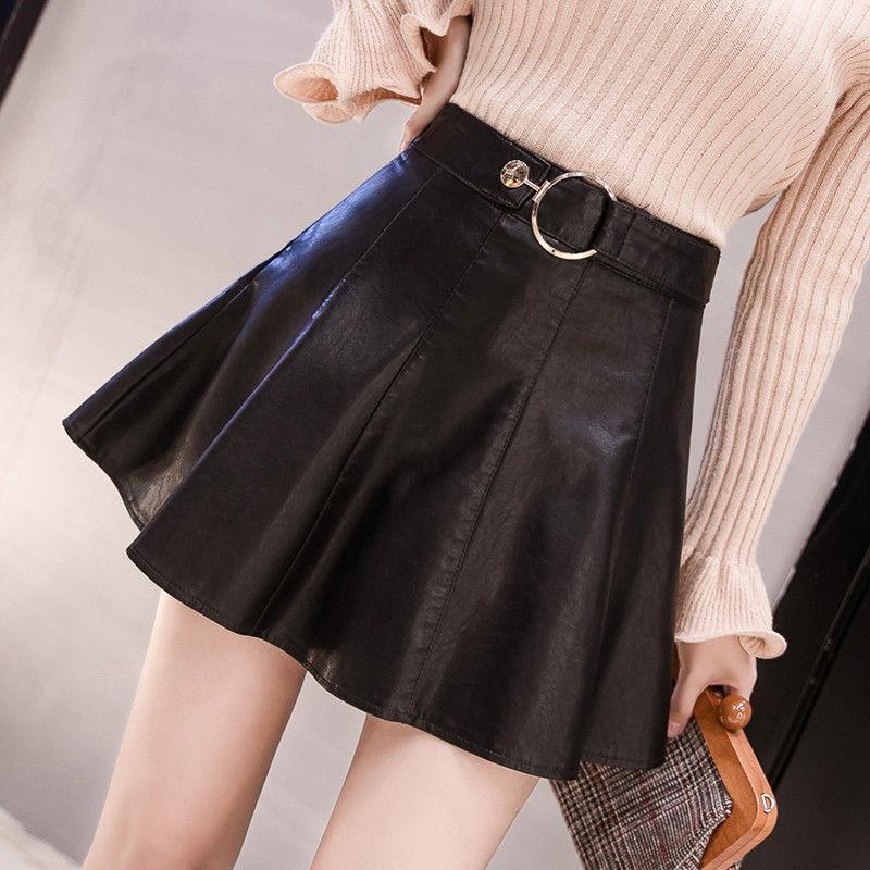 

MAGOGO Korean PU Women High-Waist Skirt College Style Pleated Skirt Slim All-Match Black, 9103