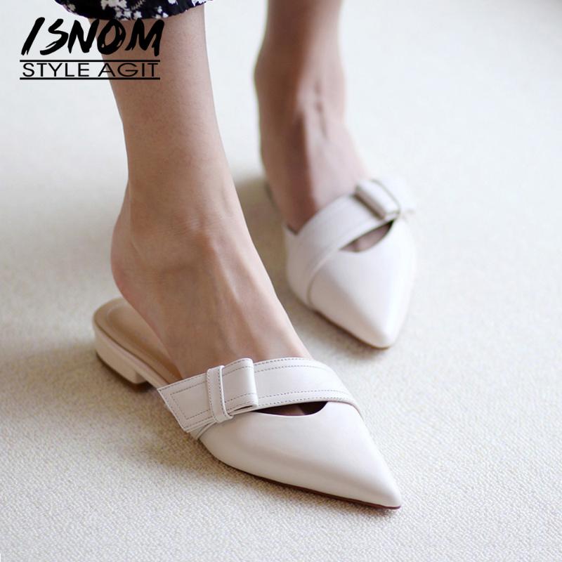 

ISNOM Women Genuine Leather Slippers Flat Female Pointed Toe Buckle Slides Mules Shoes Low Heels Casual Spring Outdoor Shoes, Nude