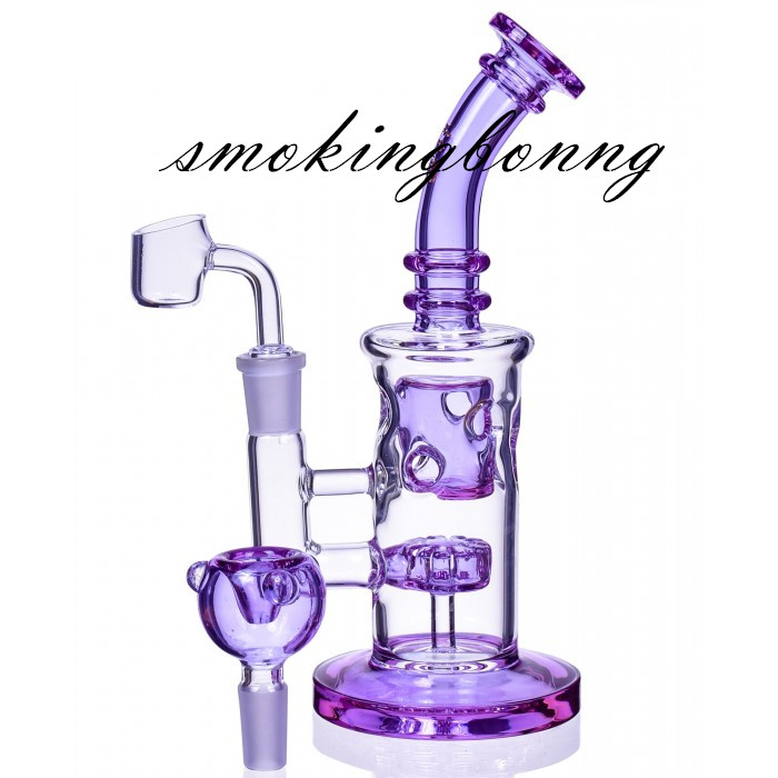 8.4 inchs Purple glass Bong Recycler Dab Rigs Funcation Water Pipes Heady glass Dab Rigs Percoaltor Bong Hookahs Shisha With 14mm Bowl