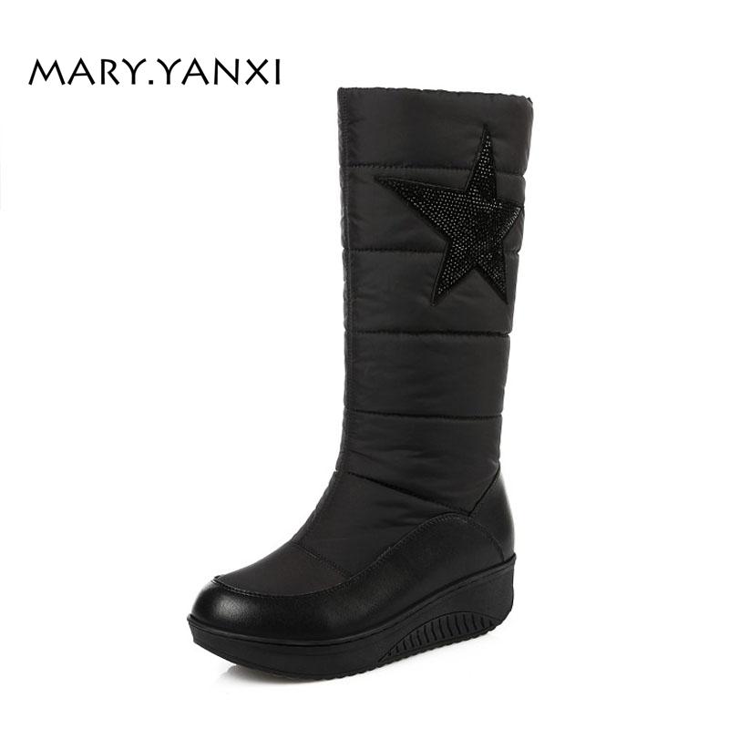 

Winter Women Shoes Mid-Calf Half Down Snow Boots Round Toe Crystal Star Slip-on Solid Wedges Heels Solid Plush Worm Platform, Black
