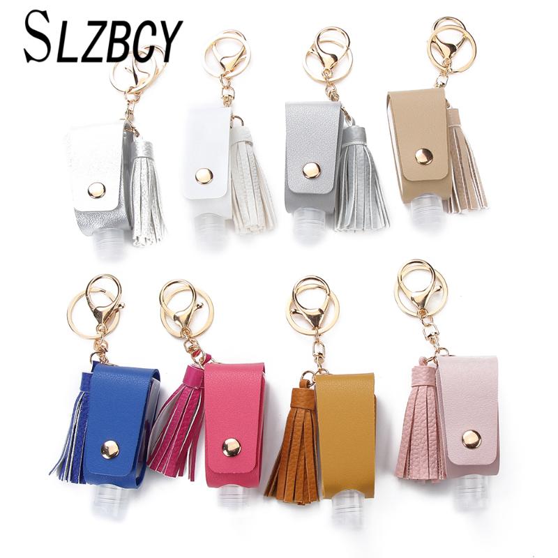 

Keychains 30ml Free Hand Sanitizer Portable Plastic Travel Bottle Key Ring Long Tassel PU Leather Case Keychain Holder Women Men