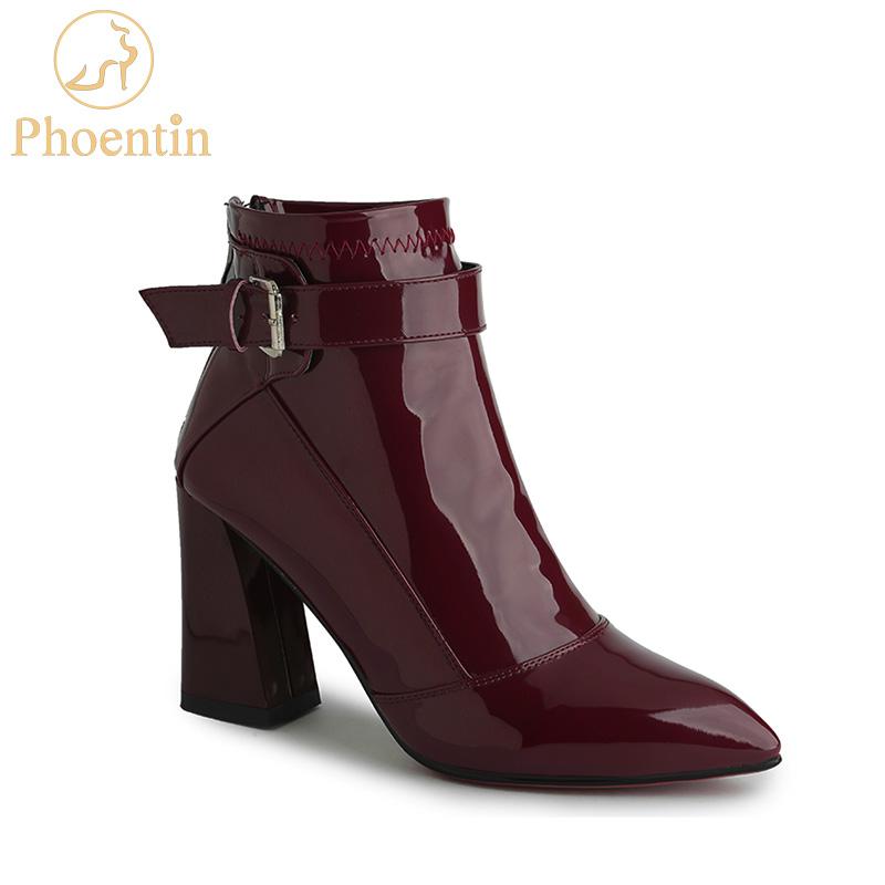 

Wine red booties 2020 woman with back zipper patent leather buckle motocycle boots black pointed toe hoof heels PHOENTIN PH080