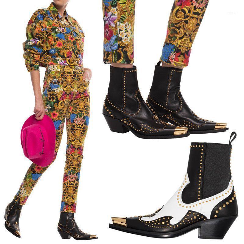 

Sexy Metal Pointed Toe Ankle Boots Women Rivets Leather Boots Thick Heel Motorcycle Punk Botines Mujer 2020 Runway Shoes Women1, White 01