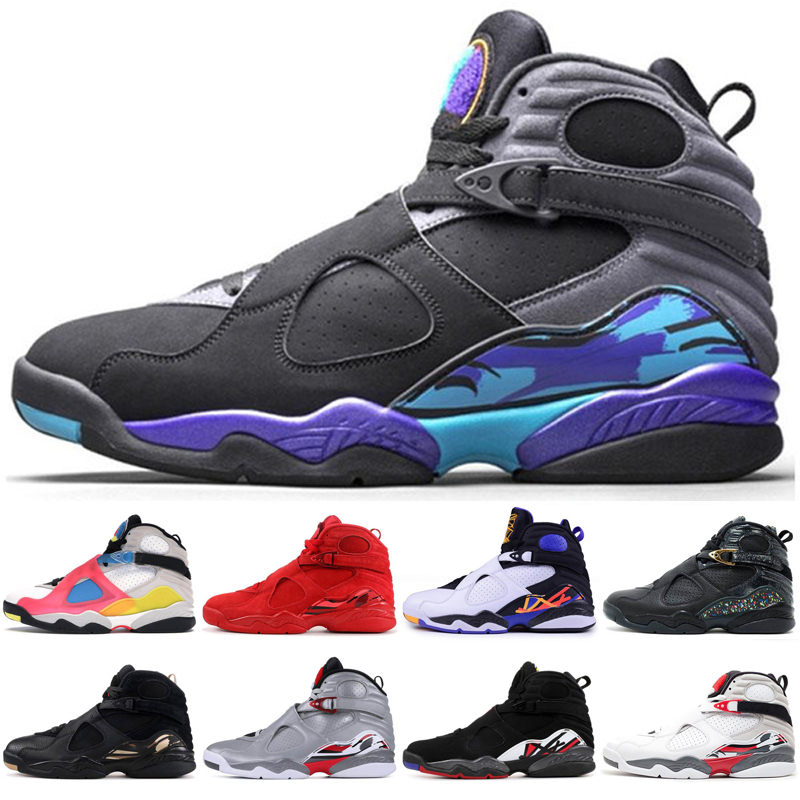 

Mens basketball shoes Jumpman 8s Multi Color Snowflake Aqua South Beach Three Peat Tinker Chrome Playoffs 8 men trainers sports sneakers, White;red