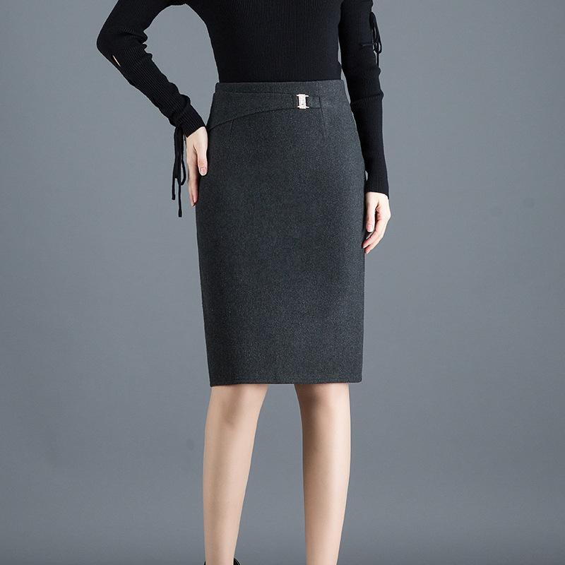 

2020 Autumn & Winter New Arrival Woolen Skirt Korean Version High Waist Stretch Skirt Slim Professional Free Shipping, Black