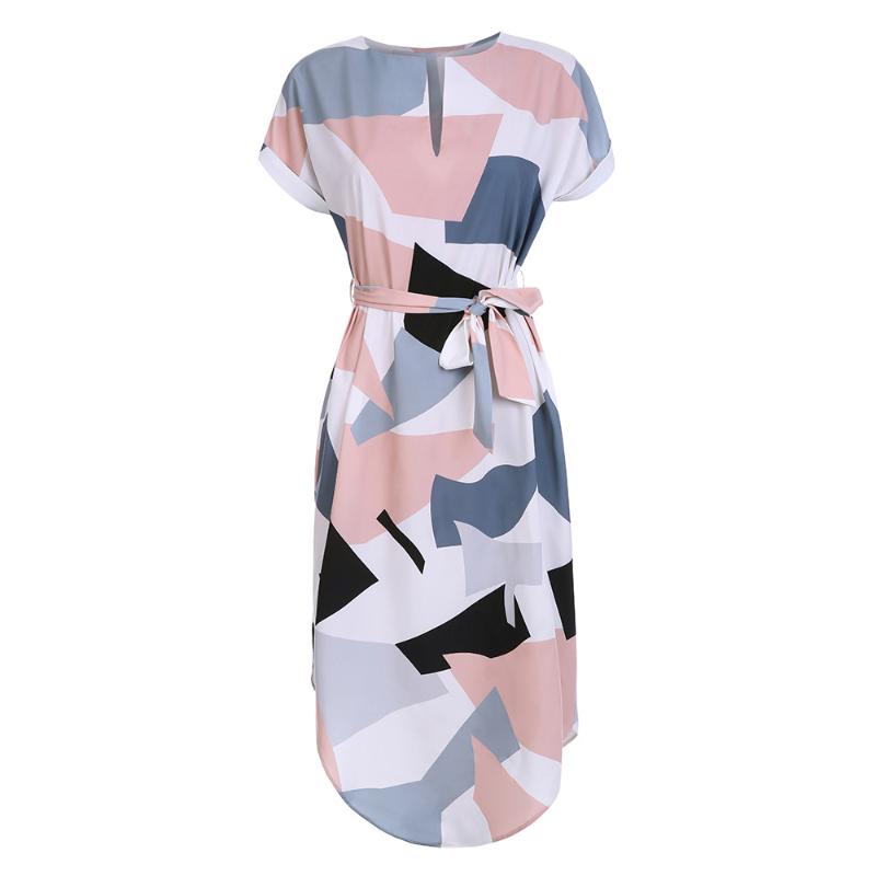 

Women Midi Pencil Dress Summer Beach Sundress Geometric Multi-color Mid-Calf Length Stand Collar Novelty Geometric Pencil Dress, Picture color