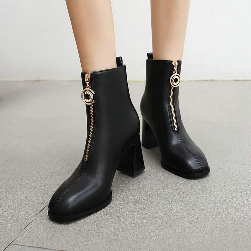 

ZawsThia solid plain color black beige lady office wedding shoes block high heels ankle boots with front zipper metal ring women1