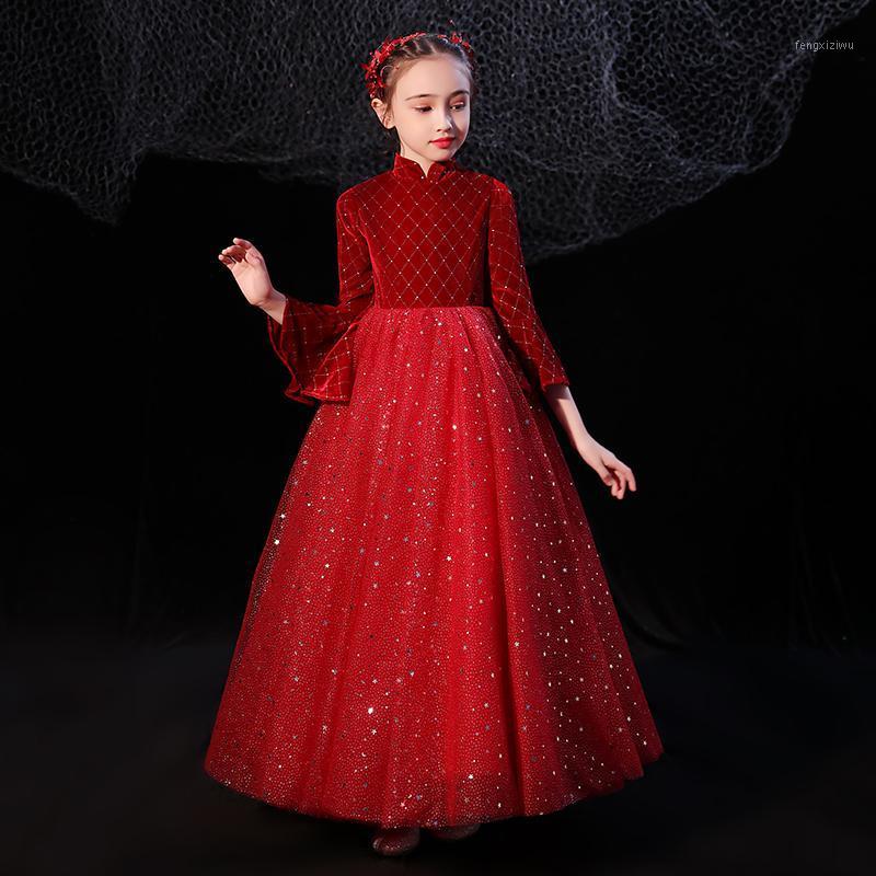

Flower Girl Dresses Illusion Luxury Vintage Princess Sequined Ball Gown Floor-Length High Full Lace Tulle Kids Party Dress H0151, Red