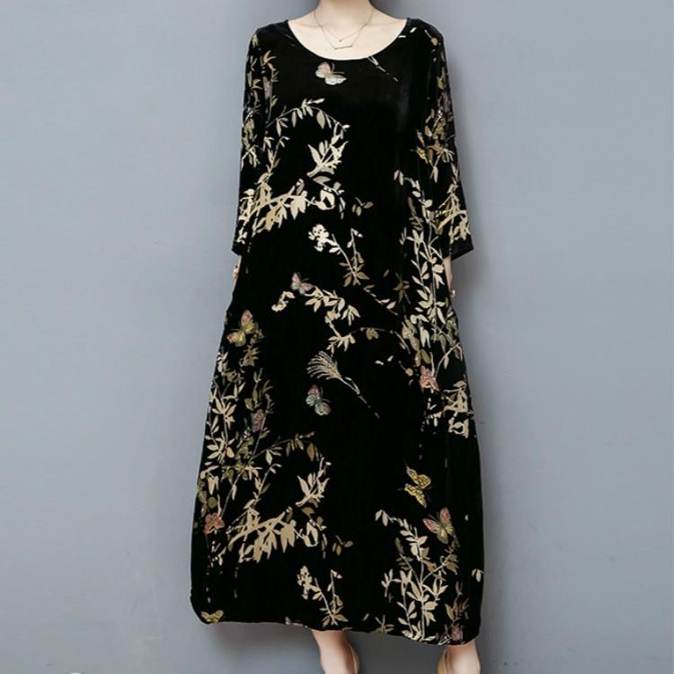 

Cropped Sleeve Round Neck Long Dress Gold Velvet Loose Skirt SizeXXL