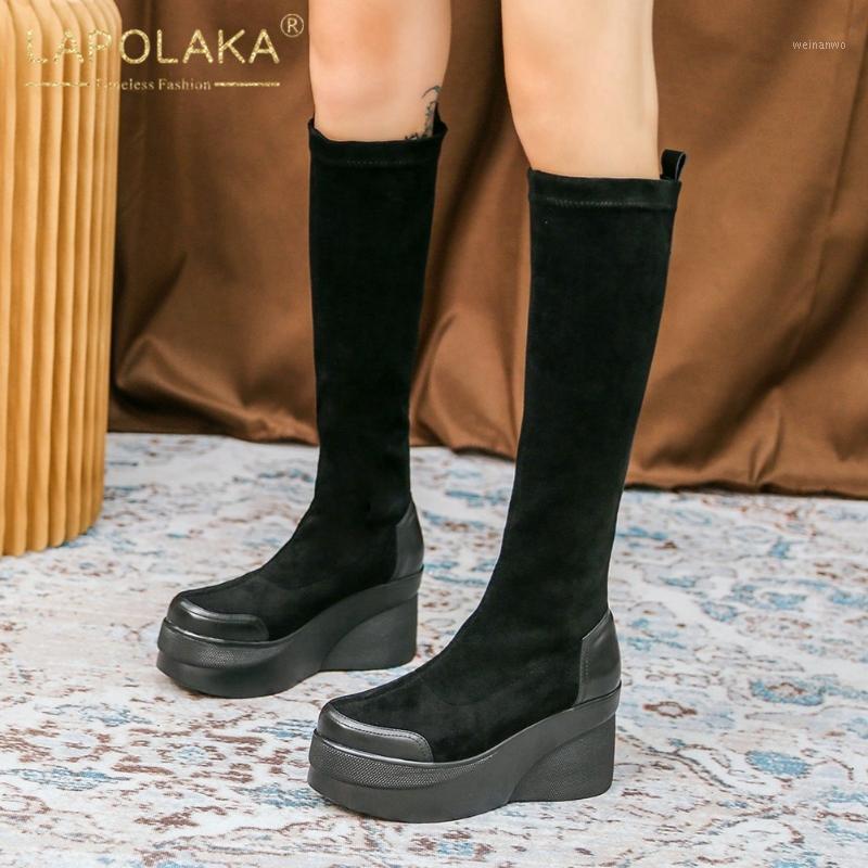 

Lapolaka 2021 Hot Sale Elastic Flock Slip On INS Hot Dropship Boots Woman Shoes Wedges High Heels Trendy Leisure Boot Women1, Black short
